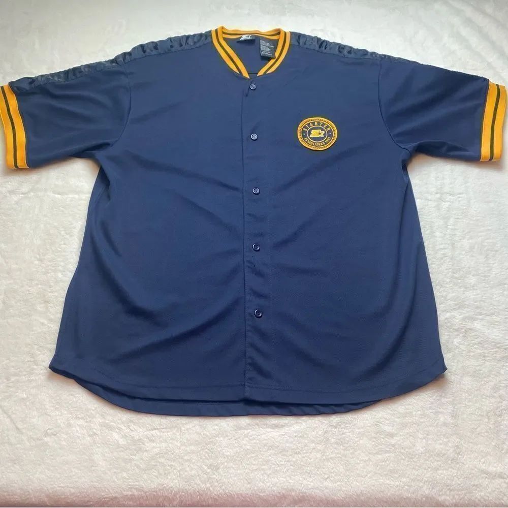 Starter Navy W/Yellow Knit Trim Short Sleeve Jersey Style Button Up Size Large